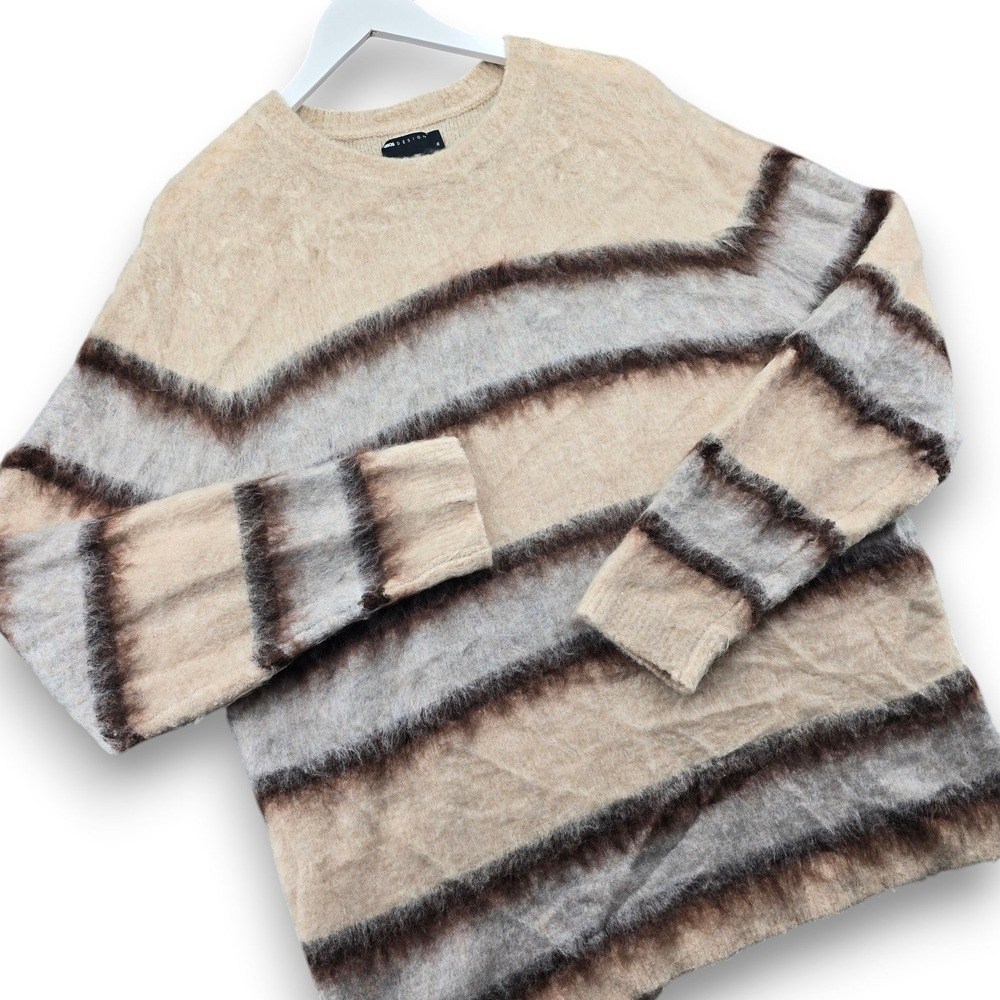 ASOS DESIGN Crew Neck Sweater Mens XL Beige Striped Fuzzy Textured Soft